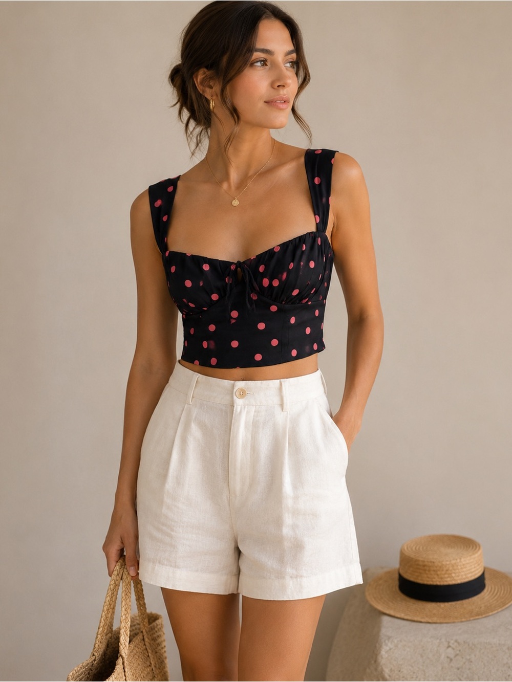 For Love & Lemons Jenny Dot Crop Top – Peach Dot Polka Dot Satin Top XS